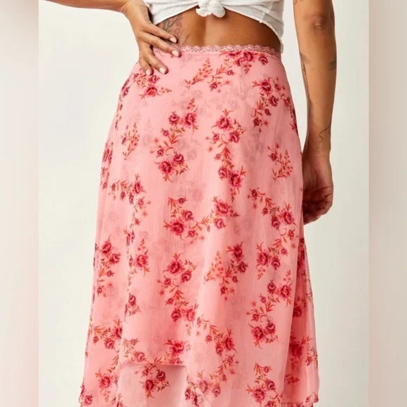 Free People Garden Party Asymmetric Midi Skirt in Pink Blossom - Picture 2 of 4